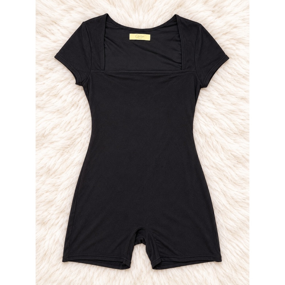 Qinsen Black Short Sleeve Square Neck Romper Bodycon Athletic Jumpsuit Size M
